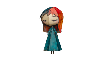 Stylized paper-cut girl figure with closed eyes, transparent background.