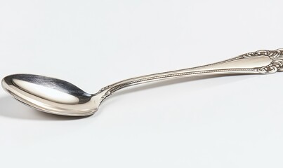 Silver spoon Antique elegant metal cutlery on white backdrop with closeup.