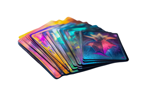 Stack of fantasy trading cards in vivid colors, transparent background.