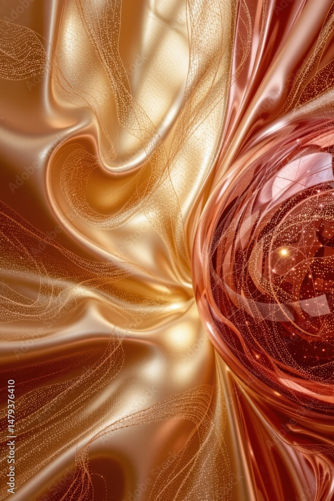 Poster an elegant and glossy golden fabric swirls around a shimme spherical object, creating a luxurious an
