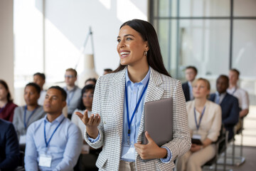 Smiling Hispanic Woman Giving Lecture To Audience Holding Laptop Business Event