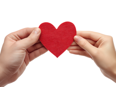 Sharing a red heart symbol for love and affection moments, cut out - stock png.