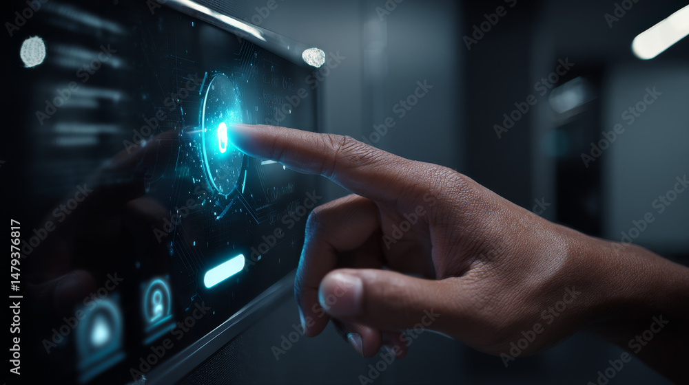 Poster the beautiful hand presses the index finger on the touchscreen. button on the touchscreen is highlig