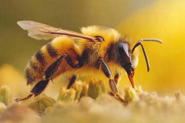 Honeybee foraging on golden flower Closeup of a bee collecting nectar.