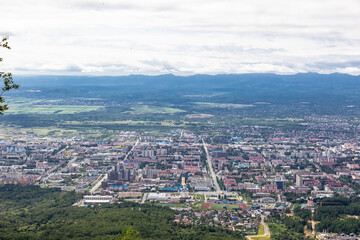 Aerial view of the city of Yuzhno-Sakhalinsk. Sakhalin, Russia