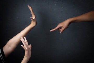 Angry Male Hand Pointing His Wife, Man Aggression Toward Women. Verbal Aggression