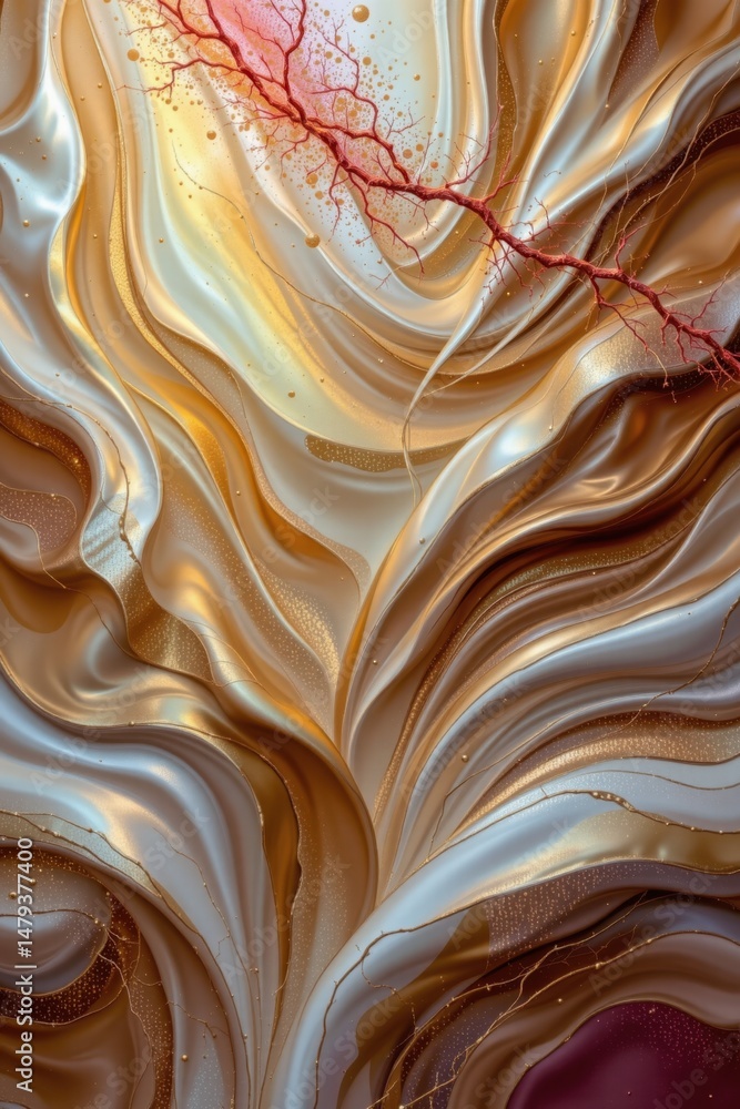 Poster an abstract background depicts shimme, golden fluid waves and intricate swirls, accented by a delica