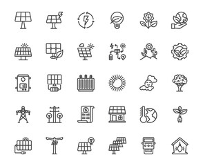 A collection of 30 line-style icons representing solar energy, sustainable technology, eco-friendly power solutions, and environmental conservation. 48x48 pixel perfect editable stroke line for design