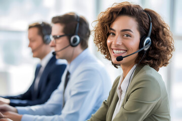 Smiling Hispanic Woman with Headset and Two Blurred Colleagues in Light Office