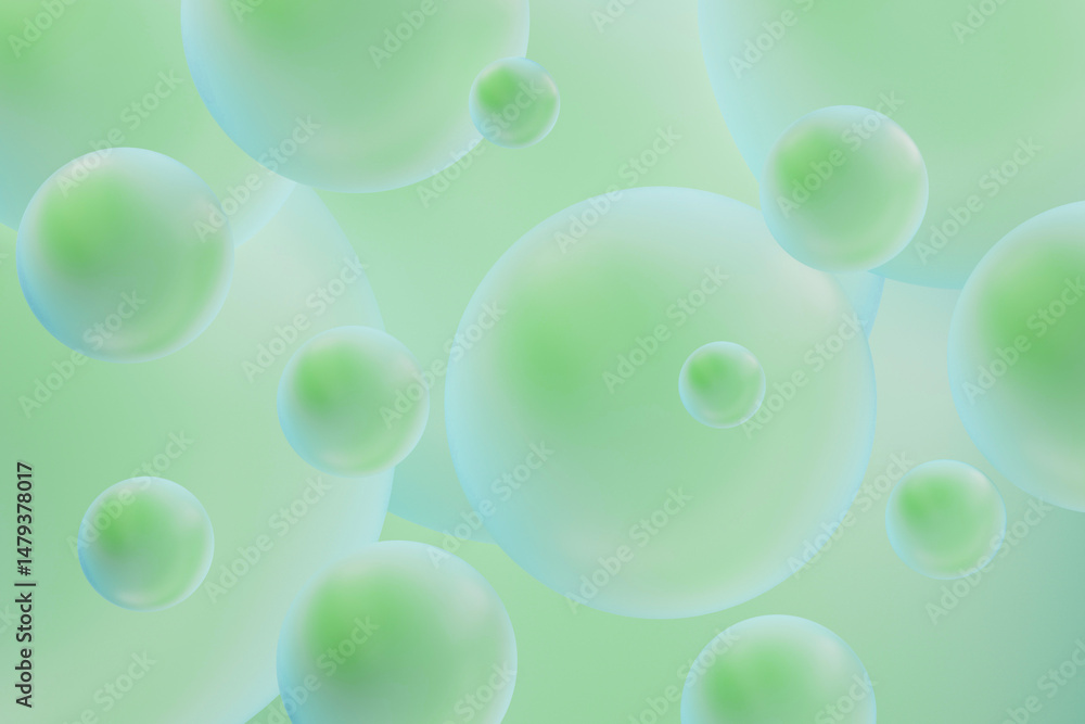 Poster soft gradient abstract spheres background in pale green with overlapping curves and light effects fo