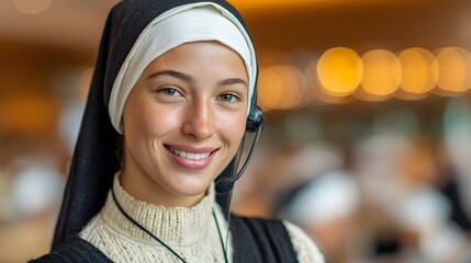 A young smiling nun wea a headset offers friendly customer service support in a modern office setting.