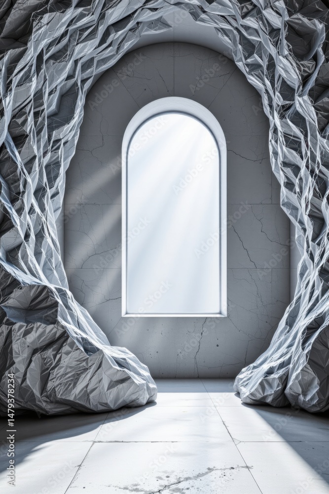 Poster an ethereal white light streams through a tall arched window in a stone wall adorned with rough scul