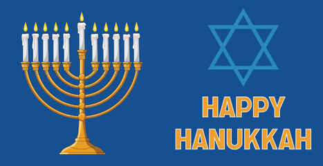 Happy Hanukkah Illustration with Menorah, Candles, and Star of David