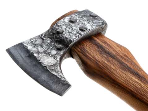 Handcrafted axe with wooden handle and unique blade design, cut out - stock png.