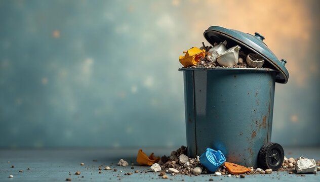 Overfilled metal dustbin overflowing with trash , junk, trash can