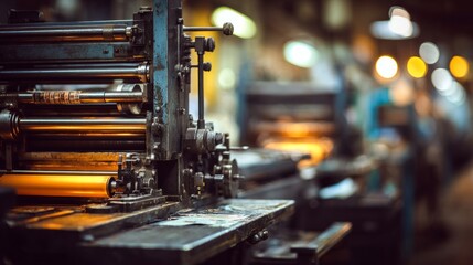 Fototapeta premium Industrial printing press in full operation, showcasing intricate machinery details. Precision and efficiency in modern manufacturing. 