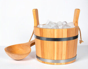 A wooden bucket and white background. Russian bath. Sauna. Banya. With iced water inside