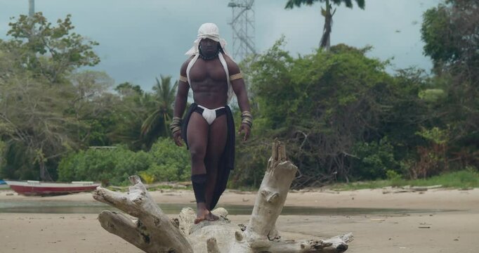 The beach features a muscular, dark-skinned male cosplayer.