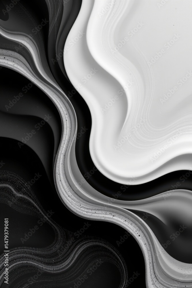 Poster an abstract flowing design showcasing dynamic contrast with swirling black and white gradients creat