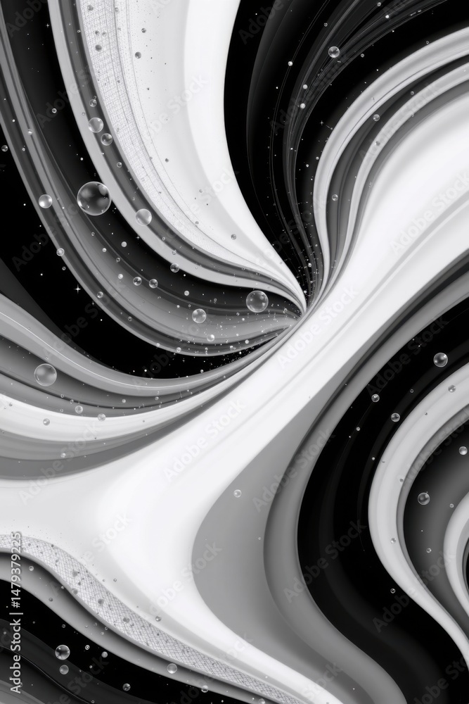 Poster abstract black and white swirls create a mesmerizing visual effect, punctuated by scattered transpar