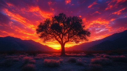 Fototapeta premium Dramatic sunset silhouettes a lone tree