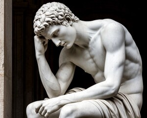 The white sculpture sits lost in thought