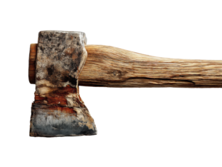 Vintage axe resting on weathered wooden handle for craftsmanship, cut out - stock png.