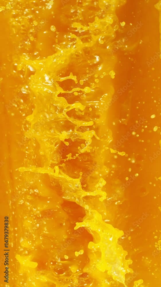 Poster super slow motion of splashing orange juice. filmed on high speed cinema camera, 1000 fps. abstract 