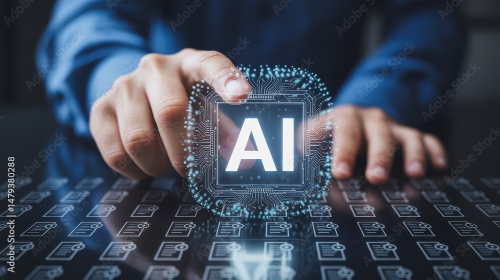 Aufkleber hands interacting with a digital representation of ai technology.