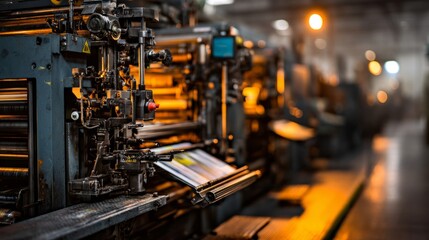 Industrial printing press in full operation, showcasing intricate machinery details. Precision and efficiency in modern manufacturing.
