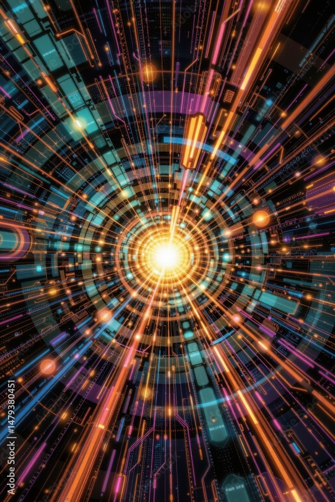 Aufkleber abstract technology background with glowing light, circuit board patterns, radiating lines, and dyna