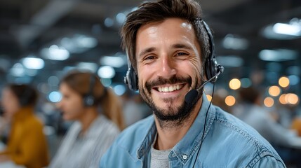 Fototapeta premium A smiling male customer service representative wea a headset works in a busy call center office environment.