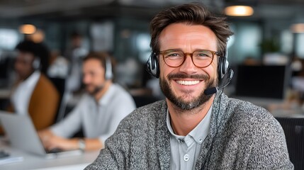 Obraz premium A smiling customer service representative wea a headset sits at his desk in a busy call center office environment providing excellent support.