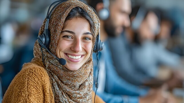 A smiling young woman wea a hijab and headset provides friendly customer service support in a modern call center office. - Powered by Adobe