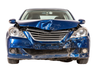 Damaged blue car with crumpled hood and front end injury, cut out - stock png.