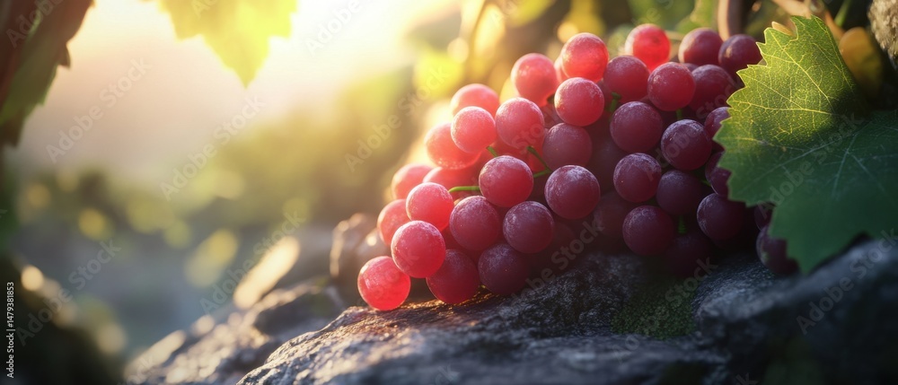 Poster close up of red grapes on a rock in a vineyard at sunset with soft lighting and shallow depth of fie