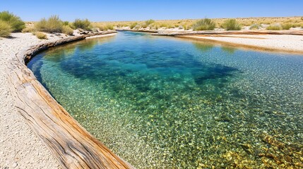 Obraz premium Crystal Clear Water flows through a desert oasis with a sunlit sandy beach and old wood log
