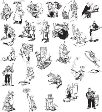 set of vector illustrations of a sketch of cartoon people, a collection of cartoon characters and scenes