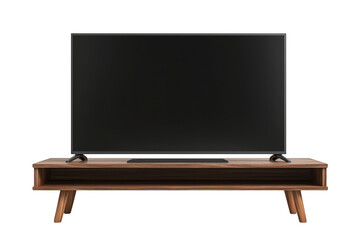 Dark Brown Wooden Tv Stand With Black Flat Screen Television On transparent background