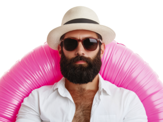 Relaxed man in summer accessories with bright pool float, cut out - stock png.