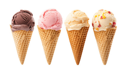 Four Ice Cream Cones on Transparent Background