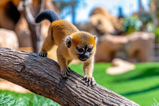 A small monkey sitting on a tree branch in a zoo - Powered by Adobe
