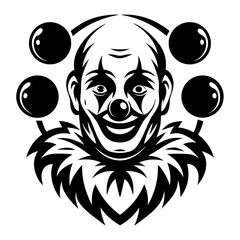 A Happy Juggling Clown with a Big Smile and Four Balls Black and White Illustration