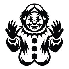 A menacing black and white illustration of a creepy clown waving