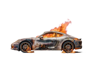 Damaged sports car on fire in an urban setting, cut out - stock png.