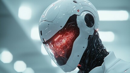 A highly detailed AI robot featuring a transparent skull revealing a glowing neural network, set in a sleek, high-tech laboratory environment.