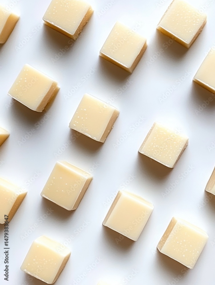 Poster overhead close up of parmesan cheese cubes arranged in a pattern on a white surface in a studio sett