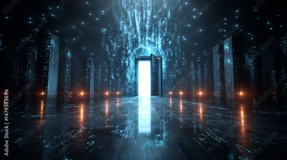 Poster abstract door in tunnel with digital data center light signals. future computer technology concept o