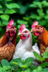 Fototapeta premium Three chickens in the garden