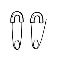 Safety pin, clothing accessory or item for needlework and sewing, vector doodle illustration,